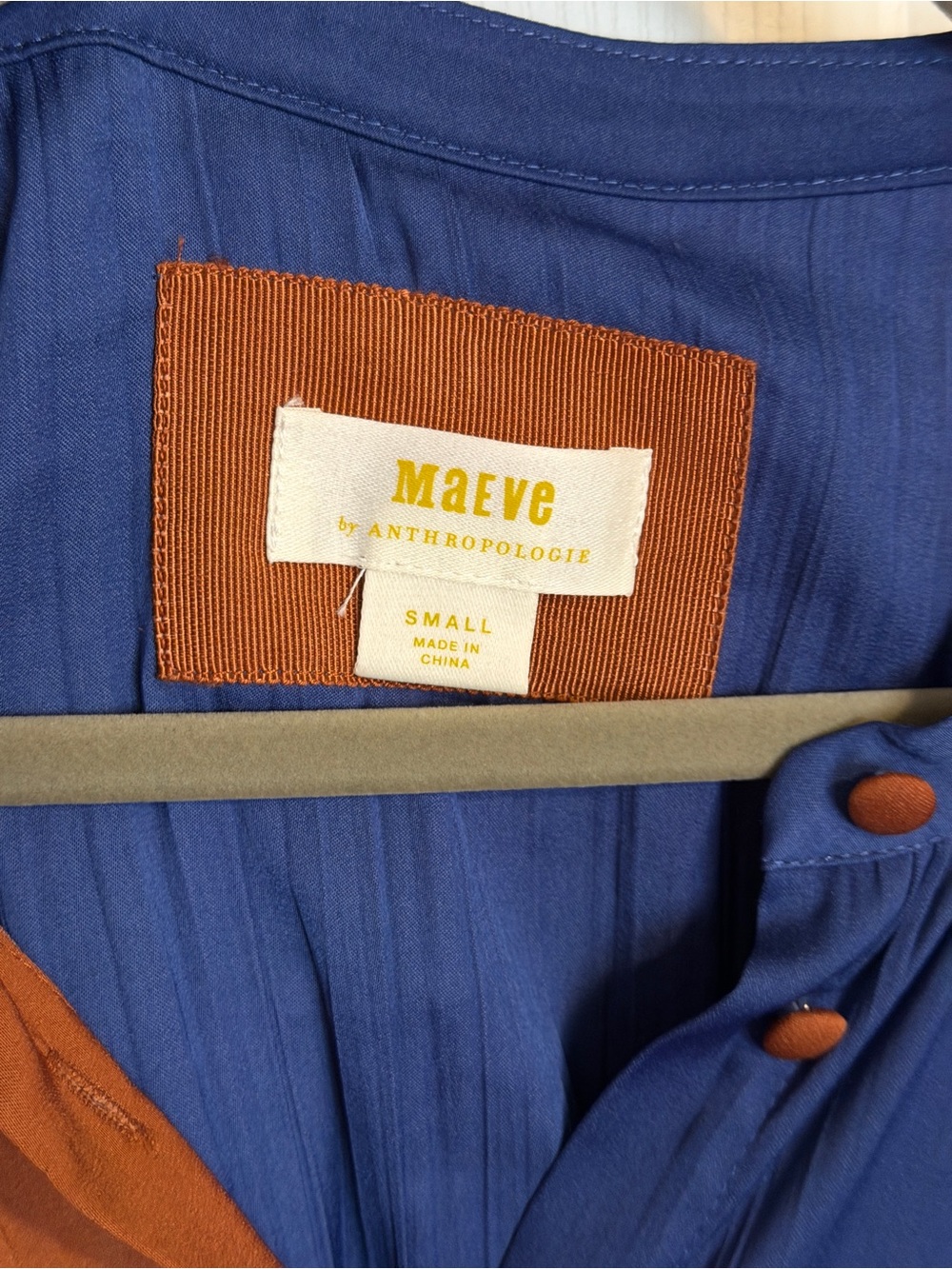 Anthropologie Maeve Medieval Blue and Rust Colorblock Tie-Waist Midi Dress Sz S - Picture 7 of 9